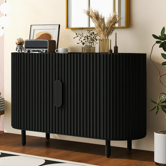 Harper & Bright Designs Curved Buffet Cabinet Sideboard with Storage, Wood Retro Accent Cabinet with Vertical Stripes for Entryway Dining Room and Living Room, Black