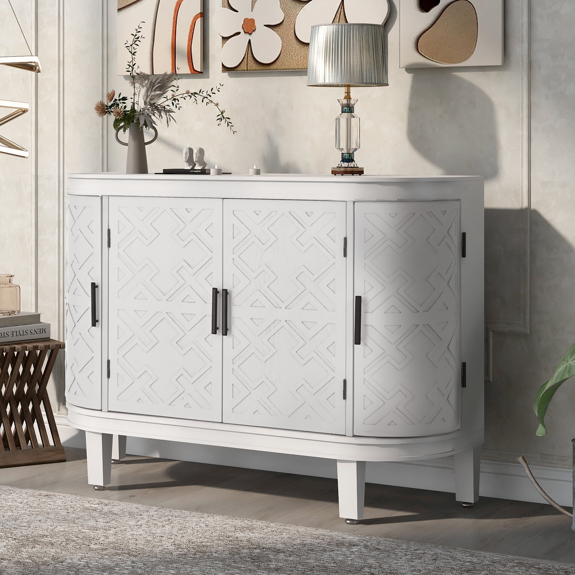 White 47.2" Wood Sideboard with Antique Pattern Doors