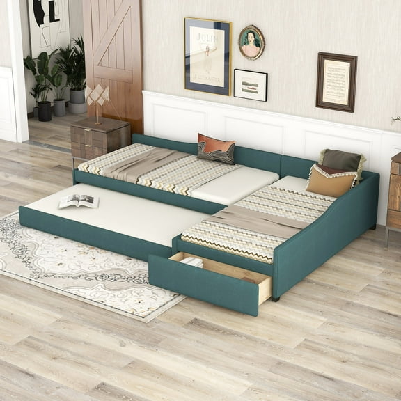 Harper & Bright Designs Double Twin Size Daybed with Trundle and Drawer, L-Shaped Upholstered Double Twin Daybed with Pull-Out Trundle, Green