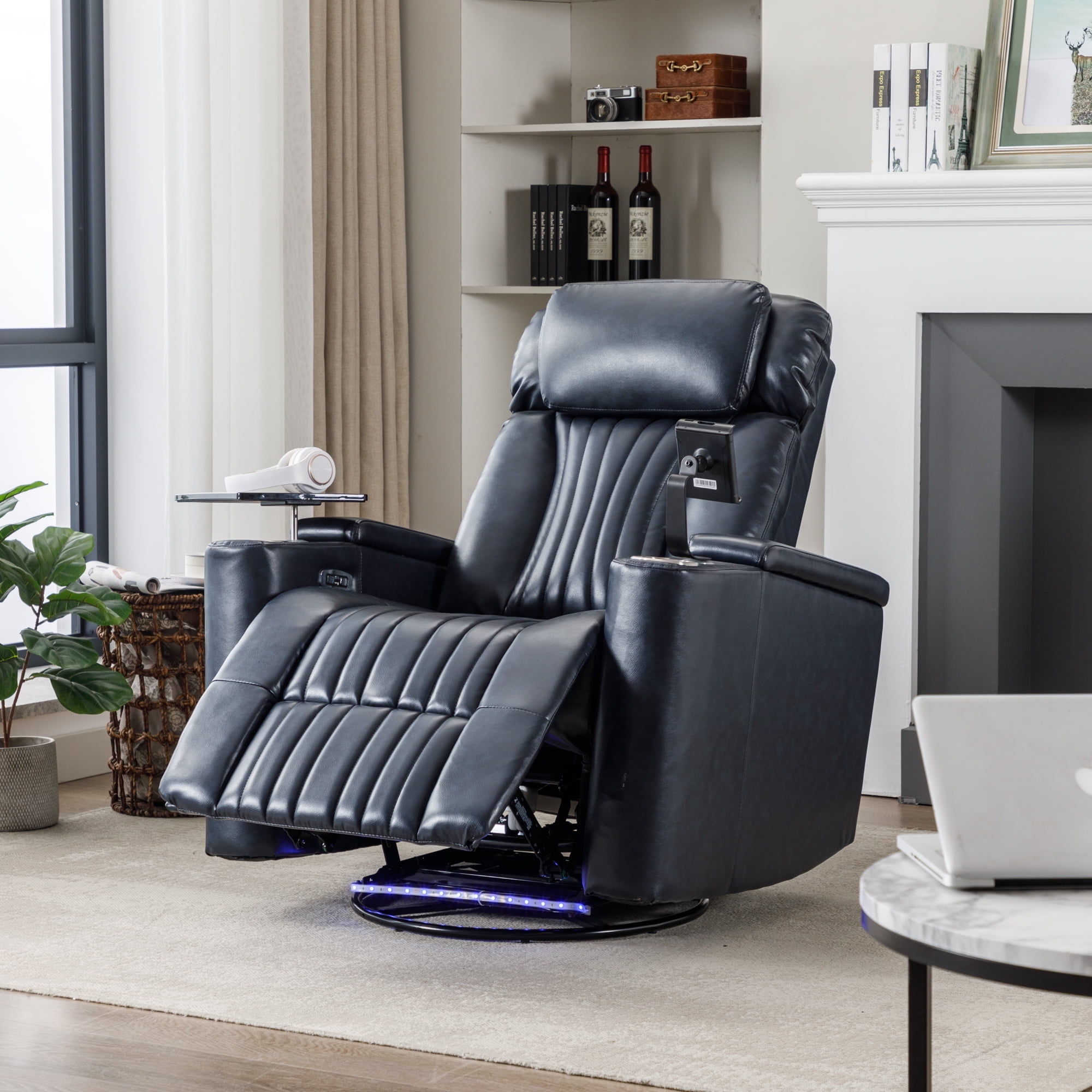Harper & Bright Designs Electric 270° Power Swivel Recliner Chair w/ Hidden Storage & LED Lights, Home Theater Seating with Cup Holders, 360° Tray Table, Phone Holder, 270° Blue
