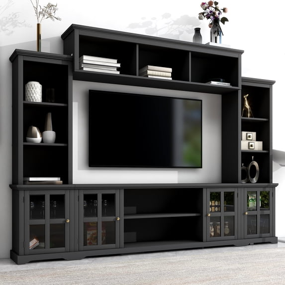 Harper & Bright Designs Entertainment Wall Unit with Bridge, Modern TV Console Table for 70'' TV with Cabinets and Open Shelves, Tempered Glass Door, Black
