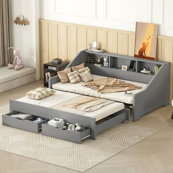 Harper & Bright Designs Extendable Daybed Twin to King Size with Storage Bookcases, Two Drawers and Charging Design, Modern Wood Day Bed Frame with Pop-up Trundle, Gray
