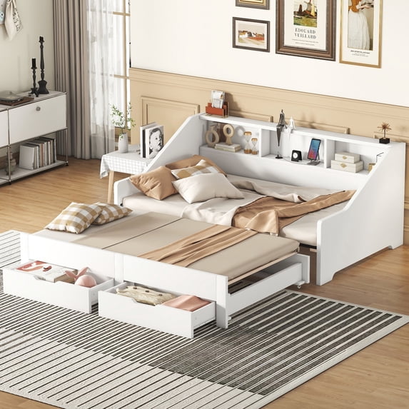 Harper & Bright Designs Extendable Daybed Twin to King Size with Storage Bookcases, Two Drawers and Charging Design, Modern Wood Day Bed Frame with Pop-up Trundle, White
