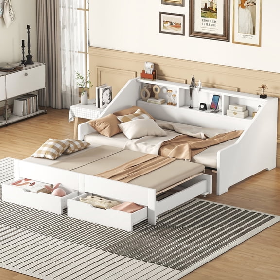 Harper & Bright Designs Extendable Daybed Twin to King Size with Storage Bookcases, Two Drawers and Charging Design, Modern Wood Day Bed Frame with Pop-up Trundle, White