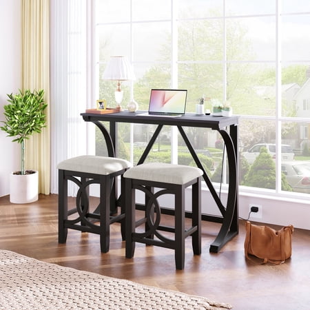 Harper & Bright Designs Farmhouse 3 Piece Counter Height Dining Table Set for 2, Wood Console Bar Table with USB Port and Upholstered Stools, Gray for Small Space, Espresso