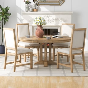 Harper & Bright Designs Farmhouse 5 Piece Kitchen Dining Table Set for 4, Solid Wood Extendable Round Dining Table Set and 4 Upholstered Chairs, Retro Dining Set for Kitchen, Natural Wood Wash