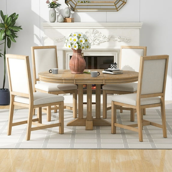 Harper & Bright Designs Farmhouse 5 Piece Kitchen Dining Table Set for 4, Solid Wood Extendable Round Dining Table Set and 4 Upholstered Chairs, Retro Dining Set for Kitchen, Natural Wood Wash