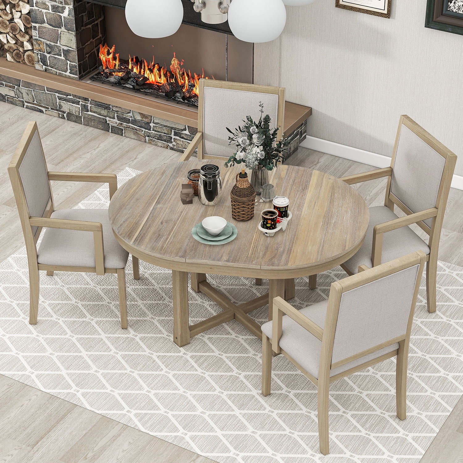 Churanty 5-Piece Farmhouse Dining Set, Extendable Round to Oval Table ...