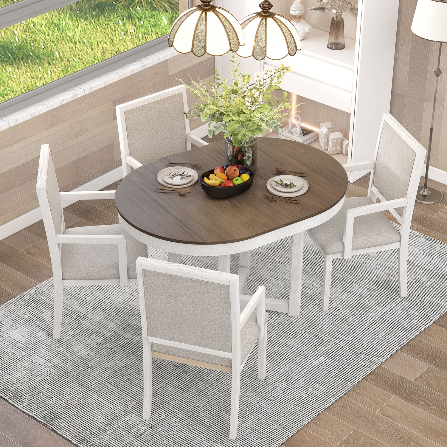 Churanty Farmhouse 5 Piece Round Extendable Dining Table Set, Large ...