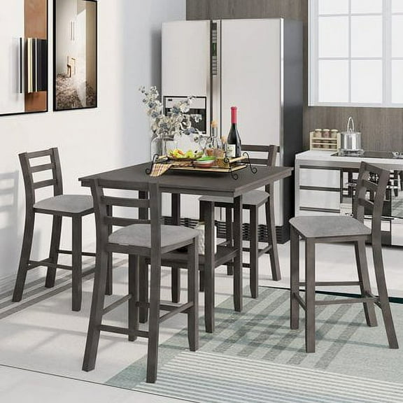 Harper & Bright Designs Farmhouse 5 Pieces Wooden Counter Height Dining Set for 4 Square Table with Storage Shelving and Padded Chairs for Small Space, Gray