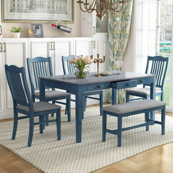 Harper & Bright Designs Farmhouse 6 Pieces Dining Table Set for 6, Rectangle Wood Kitchen Table with Drawer and 4 Upholstered Chairs and Bench, Antique Blue