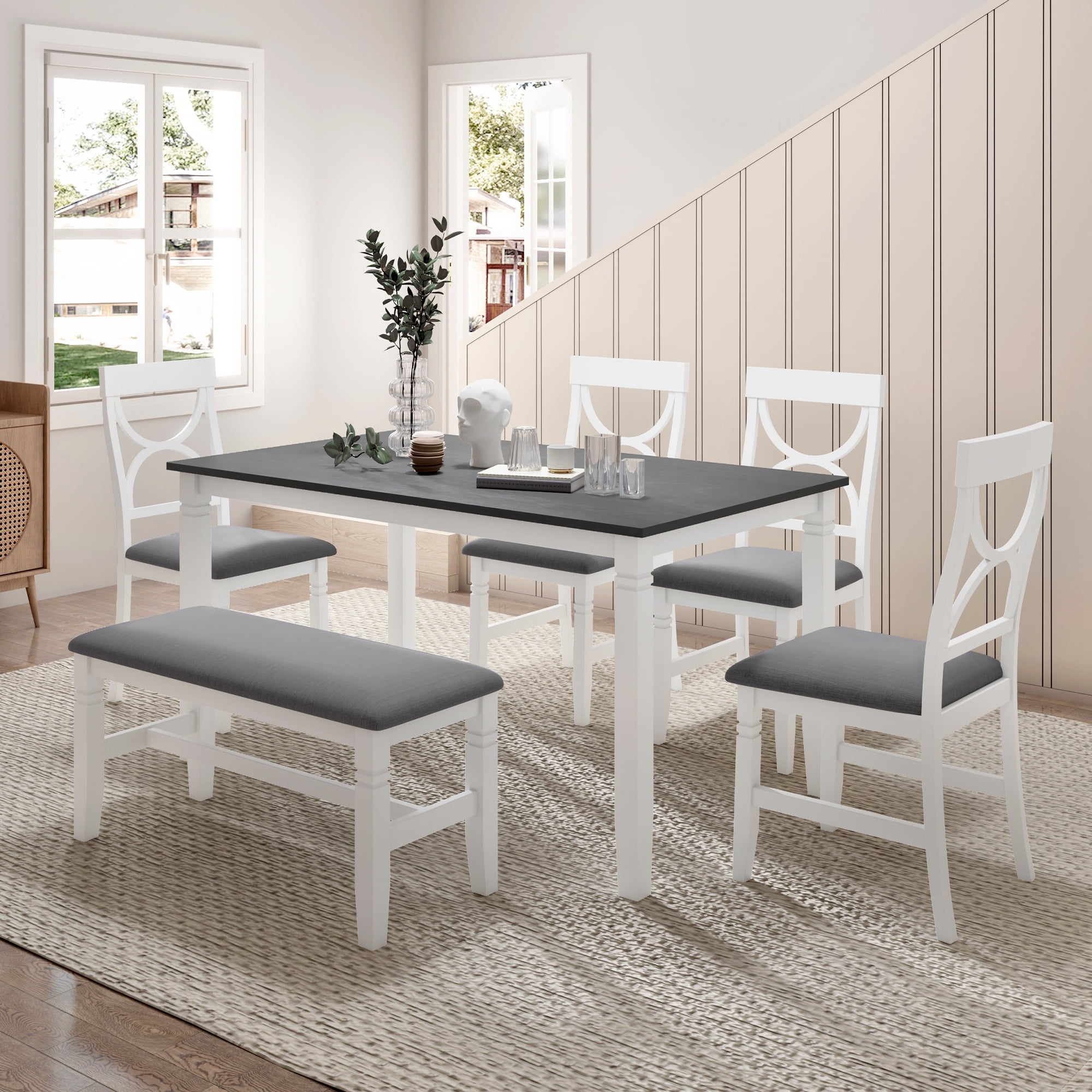 Harper & Bright Designs Farmhouse 6 Pieces Dining Table Set for 6, Solid Wood Kitchen Table Set with 4 Upholstered Chairs and Bench, White