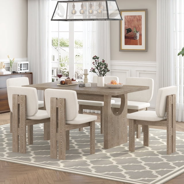 Harper & Bright Designs Farmhouse 7 Pieces Dining Table Set for 6, Solid Wood Kitchen Table Set with 6 Upholstered Chairs, White+gray