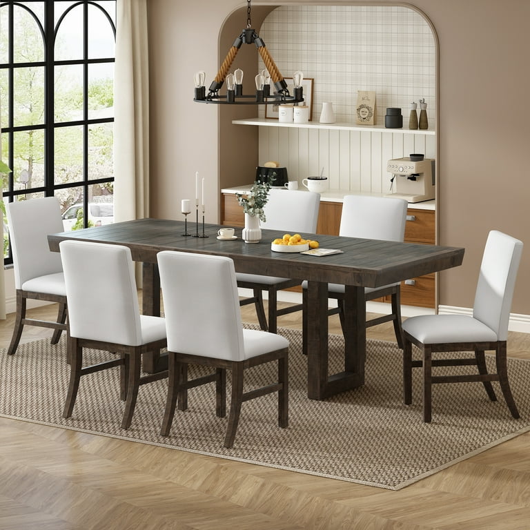 Churanty Farmhouse 7 Pieces Extendable Dining Table Set for 6 Solid Wood Kitchen Table with Butterfly Leaf and 6 Upholstered Chairs Brown
