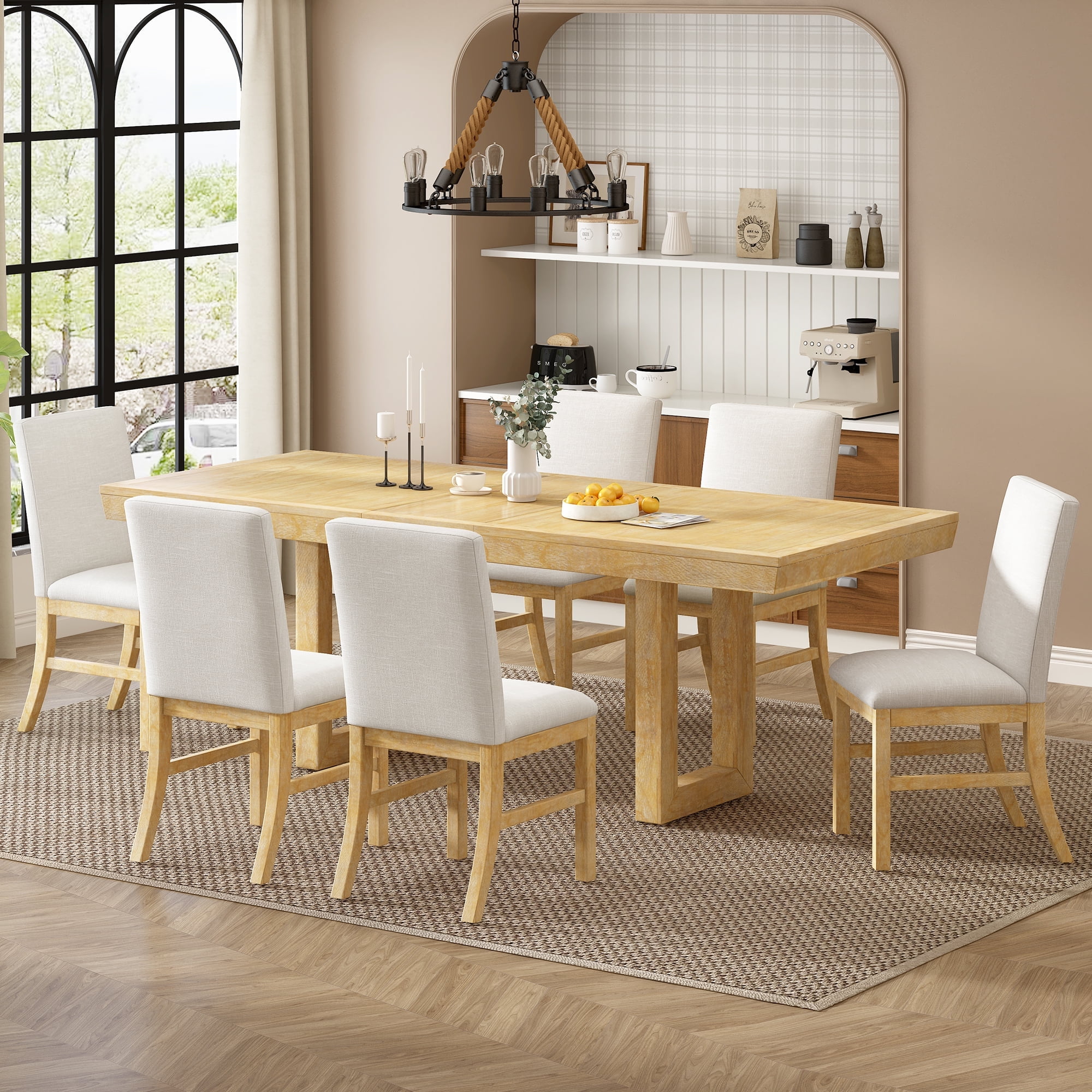 Harper & Bright Designs Farmhouse 7 Pieces Extendable Dining Table Set for 6, Solid Wood Kitchen ...