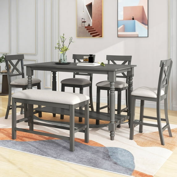 Harper & Bright Designs Farmhouse Counter Height Dining Table Set for 6, Wood Rectangular Table with Shelf and 4 Chairs & Bench for Dining Room, Gray