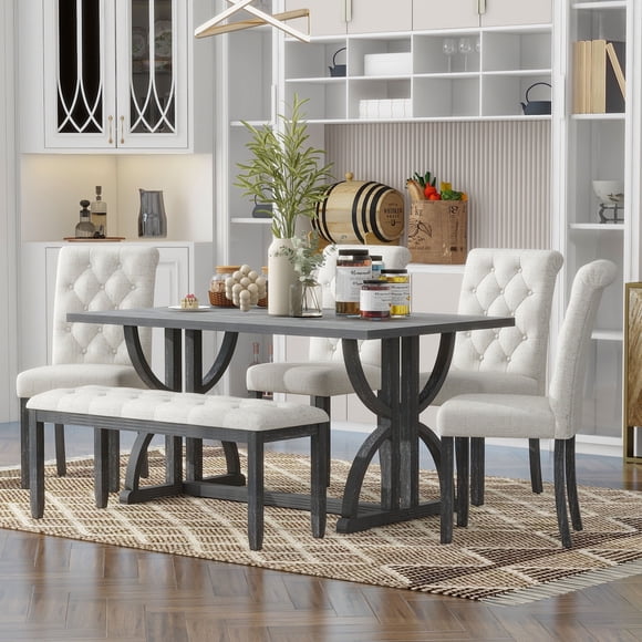 Harper & Bright Designs Farmhouse Dining Set for 6, Rectangular Kitchen Dining Table Set with 4 Upholstered Chairs and Bench, Gray Wash