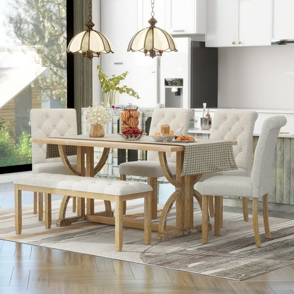 Harper & Bright Designs Farmhouse Dining Set for 6, Rectangular Kitchen Dining Table Set with 4 Upholstered Chairs and Bench, Natural Wood Wash