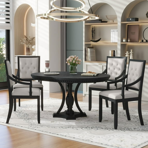 Harper & Bright Designs Farmhouse Dining Set for 4, Wood Kitchen Extendable Round Dining Table Set with 4 Upholstered Chairs, Black
