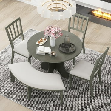 Harper & Bright Designs Farmhouse Dining Set for 4, Wood Round Kitchen Dining Table Set with 4 Upholstered Chairs and Curved Bench, Grey