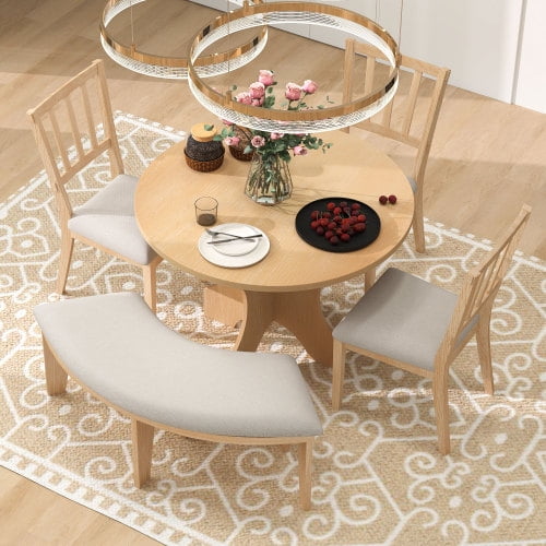 Harper & Bright Designs Farmhouse Dining Set for 4, Wood Round Kitchen Dining Table Set with 4 Upholstered Chairs and Curved Bench, Natural