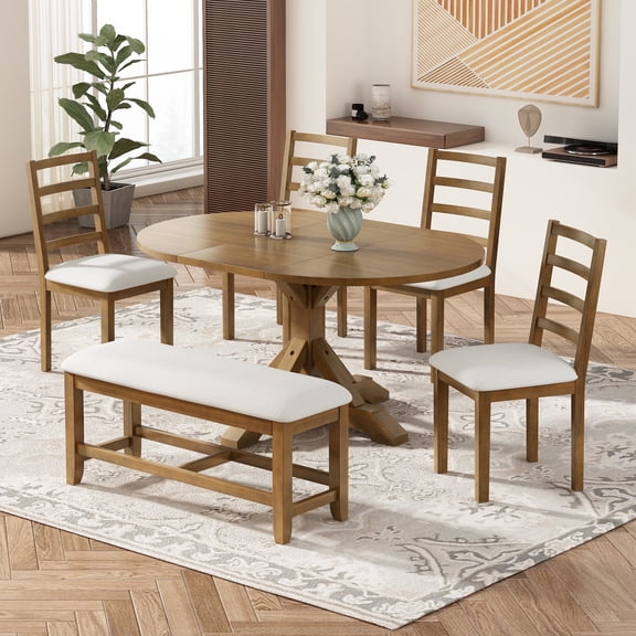 Harper & Bright Designs Farmhouse Extendable Dining Set for 6, Wood Round Kitchen Table with Removable Leaf, 4 Upholstered Dining Chairs and Bench for Dining Room, Dark Brown