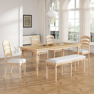 Churanty Farmhouse Extendable Dining Table Set with Bench for 6, Rectangular Wood Kitchen Dining Table with Removable Leaf, 4 Upholstered Dining Chairs, Natural