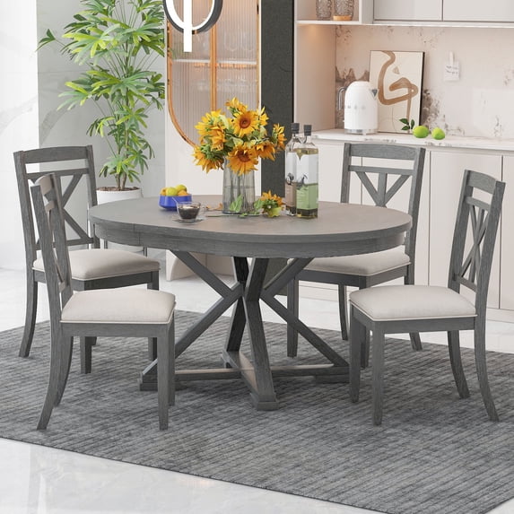 Harper & Bright Designs Farmhouse Extendable Round Dining Set for 4, Kitchen Dining Table Set with 4 Upholstered Dining Chairs for Dining Room, Grey