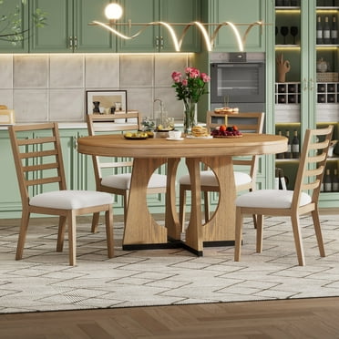 Harper & Bright Designs Farmhouse Extendable Round Dining Set for 4, Wood Round Kitchen Table with Leaf, 4 Upholstered Chairs for Dining Room, Natural