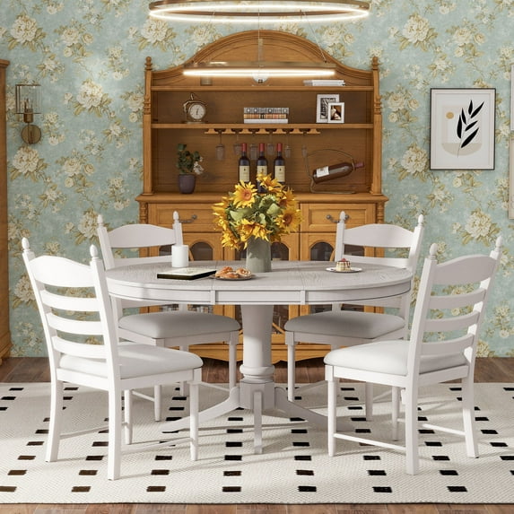 Harper & Bright Designs Farmhouse Kitchen Dining Table Set for 4, Wood Extendable Round Dining Table Set and 4 Upholstered Chairs, Retro Functional Dining Set for Kitchen, Antique White