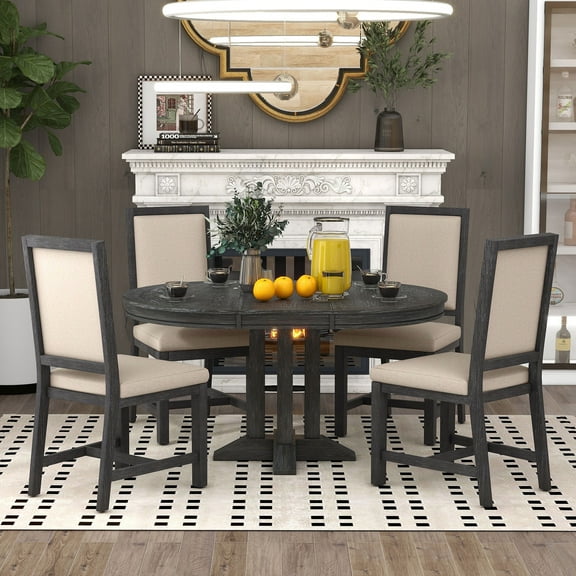 Harper & Bright Designs Farmhouse Kitchen Dining Table Set for 4, Wood Extendable Round Dining Table Set and 4 Upholstered Chairs, Retro Functional Dining Set for Kitchen, Black