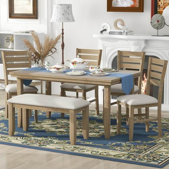 Harper & Bright Designs Farmhouse Kitchen Dining Table Set for 6, Wood Rrectangle Table and 4 Upholstered Chairs & Bench, Natural Wood Wash