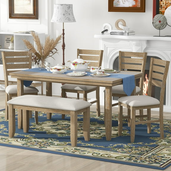 Harper & Bright Designs Farmhouse Kitchen Dining Table Set for 6, Wood Rrectangle Table and 4 Upholstered Chairs & Bench, Natural Wood Wash