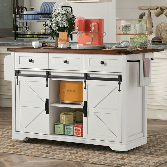 Harper & Bright Designs Farmhouse Kitchen Island with Power Outlet, 2 Sliding Barn Door Kitchen Storage Island with Drop Leaf, Rack Rolling Kitchen Cart on Wheels, White