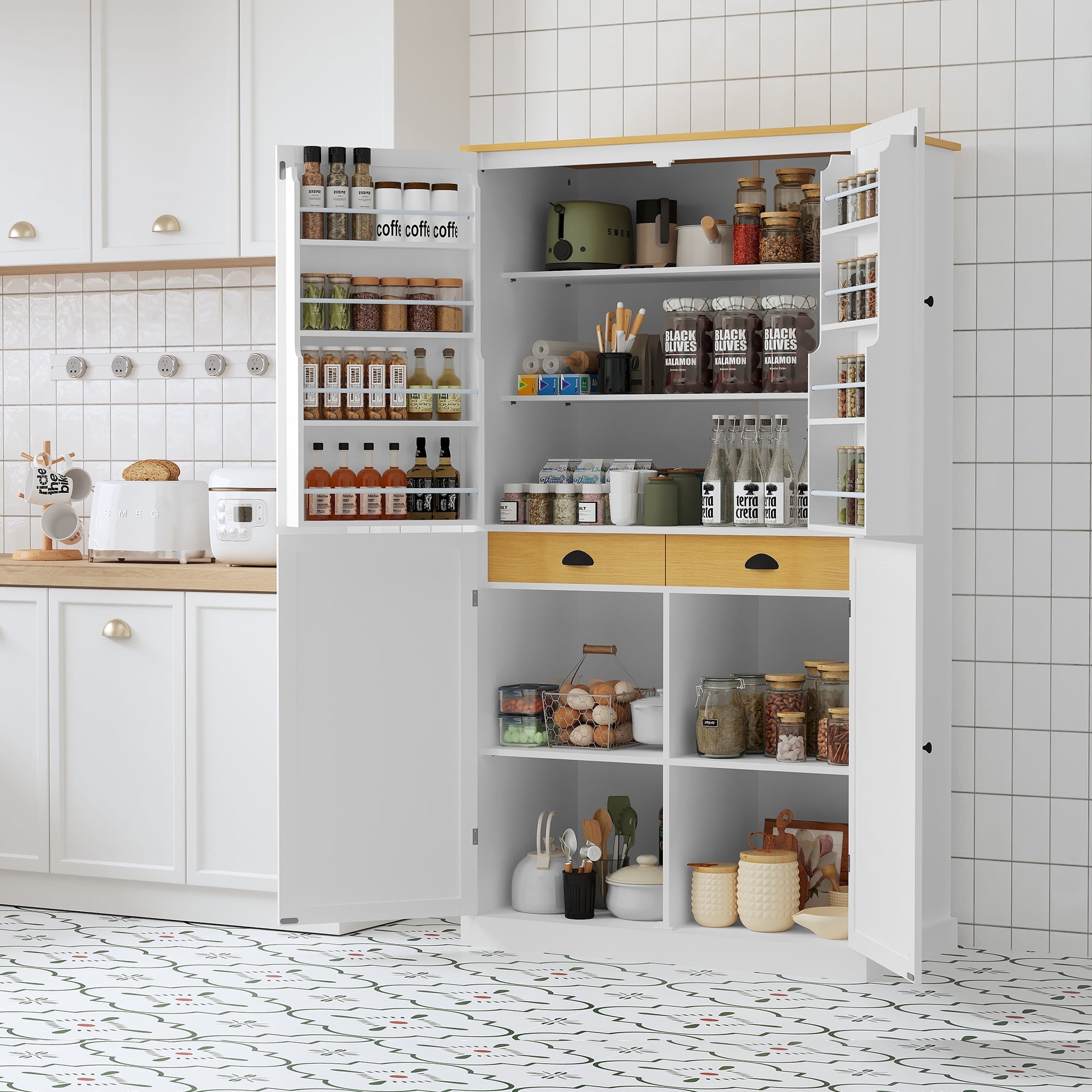 Harper & Bright Designs Farmhouse Kitchen Pantry Door Shelves, Freestanding Tall Cupboard Storage Cabinet with 3 Adjustable Shelves and 3 Drawers for Dining Room Kitchen, Gray
