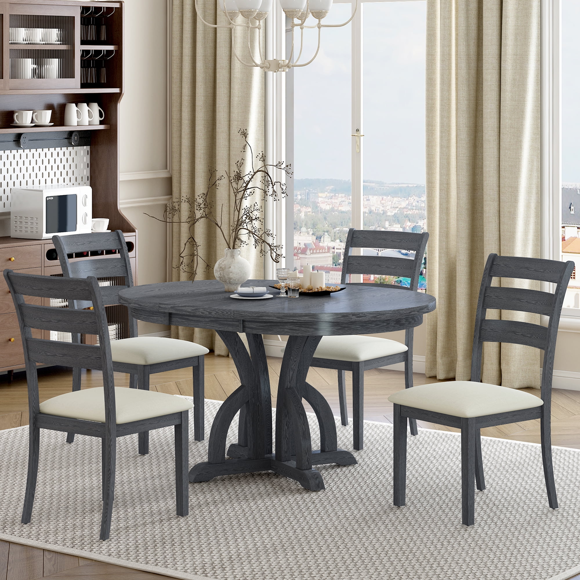 Harper & Bright Designs Farmhouse Round Extending Dining Table Set ...