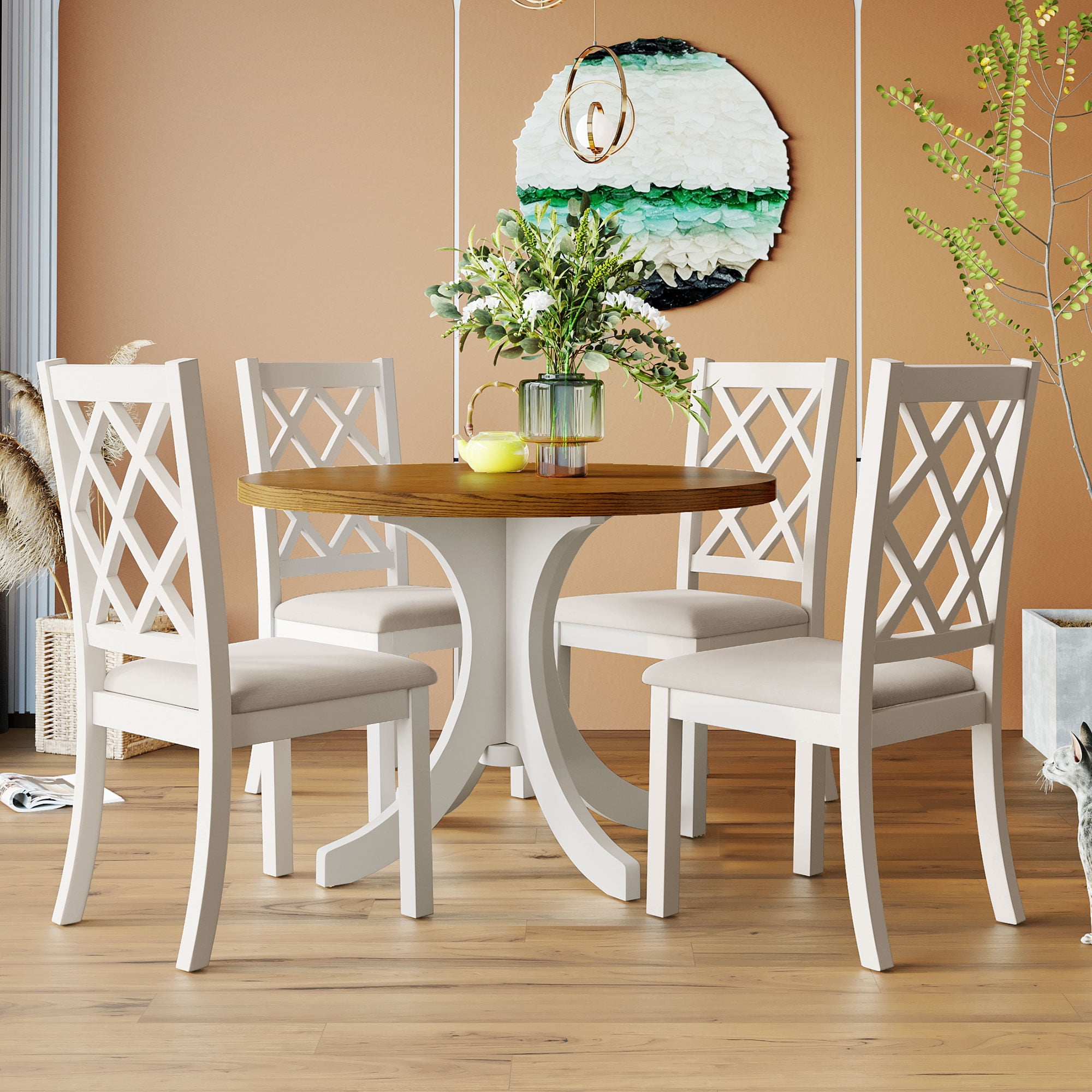 Churanty Farmhouse Wood 5 Piece Retro Dining Room Set Small Round 