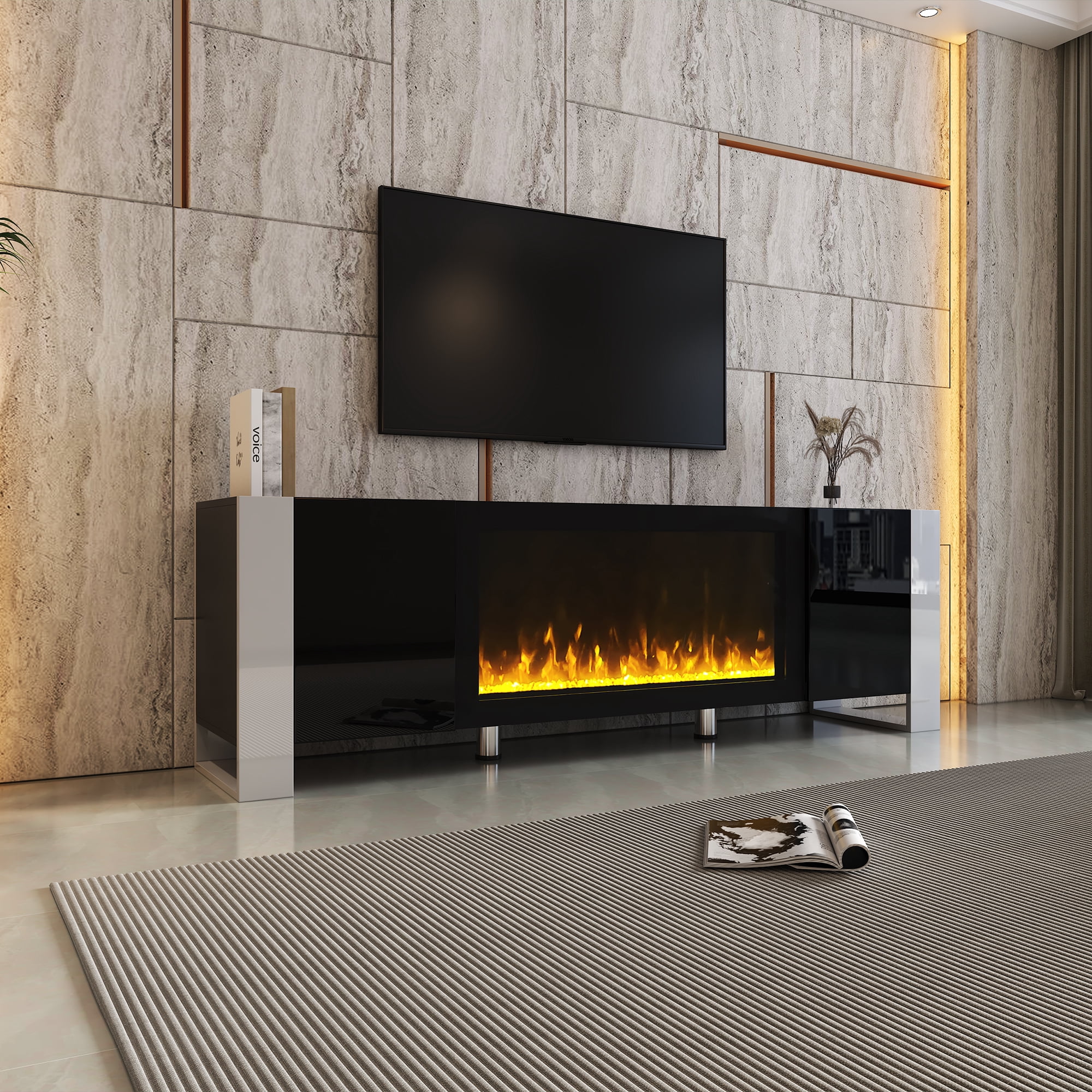 "Churanty Modern High Gloss 75"" TV Stand with 34"" Electric Fireplace ...