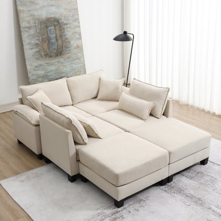 Harper & Bright Designs Free Combination Sectional Sofa, 6 Seat Oversized U Shaped Couch, Wide Corduroy Sectional Sofa Bed, Beige