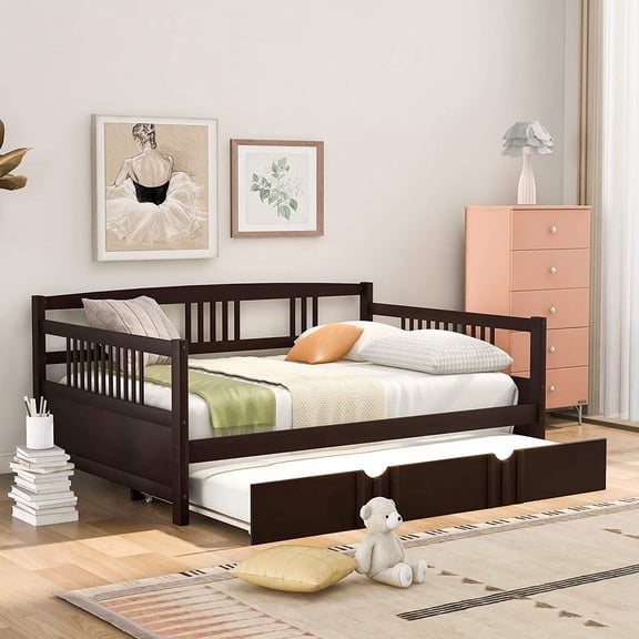 Harper & Bright Designs Full Daybed with Twin Trundle, Modern Solid Wood Daybed Frame, Espresso