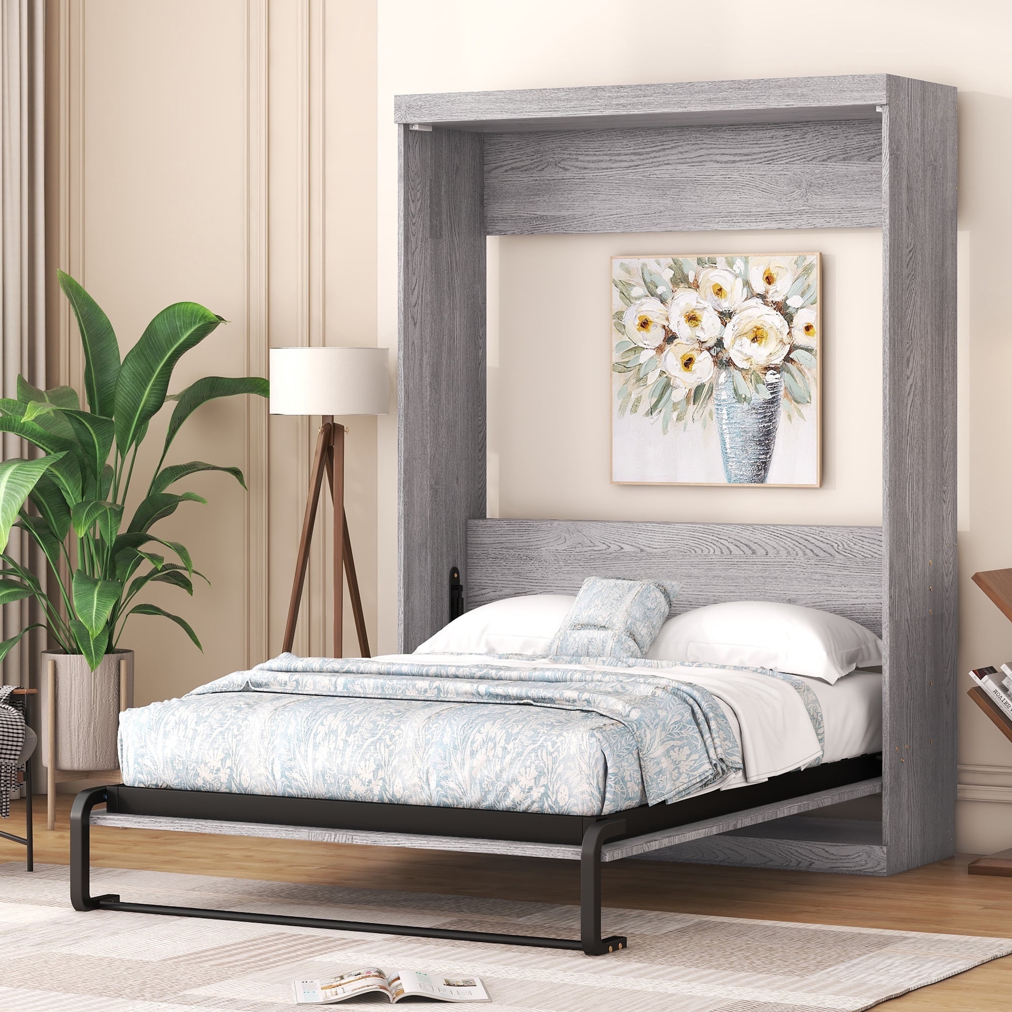 Churanty Full Size Foldable Murphy Bed with Storage, Wood Cabinet for ...
