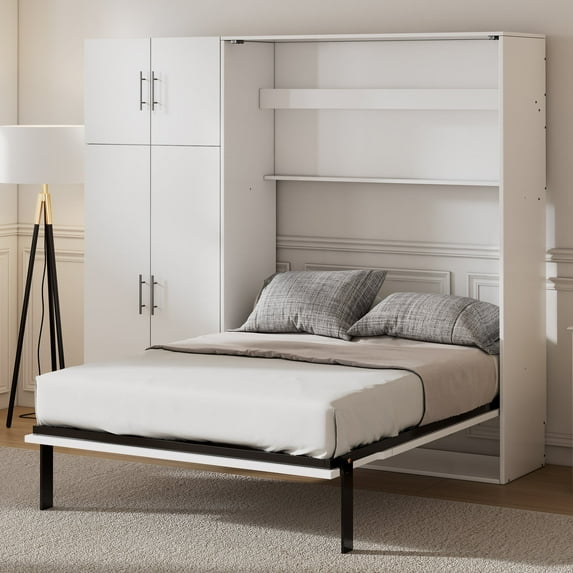 Harper & Bright Designs Full Murphy Bed Cabinet Bed, Full Size Murphy Bed with Lockers and Wardrobes, Wood Full Folding Wall Bed Chest Bed Frame, White