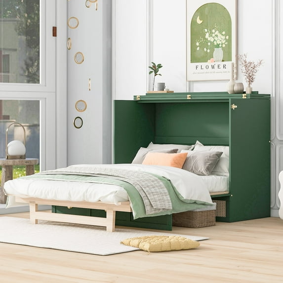 Harper & Bright Designs Full Murphy Bed Wall Bed with Storage Drawers, Wood Murphy Bed Chest, Foldable Platform Bed Full Size for Home Office Small Room, Pulley Structure Design, Green