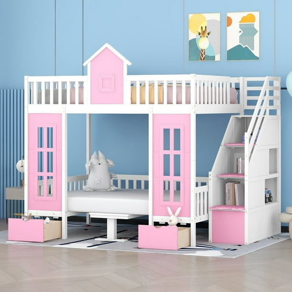 Harper & Bright Designs Full Over Full Bunk Bed with 2 Drawers and Storage Stairs, Loft Bed with Desk and Seat Can Be Turned Into Bunk Bed, Pink