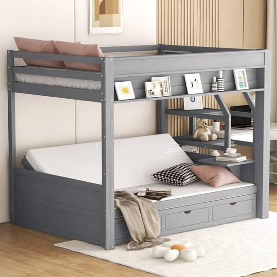 Harper & Bright Designs Full Over Full Bunk Bed with Drawers and Staircase for Storage, Wood Full Convertible Bunk Bed with Bedside Table, Gray