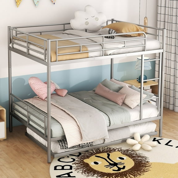 Harper & Bright Designs Full Over Full Bunk Bed with Trundle, Metal Bunk Beds Can be Separated into Two Beds, Silver