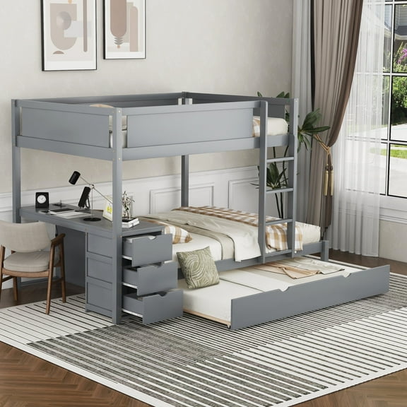 Harper & Bright Designs Full Over Full Bunk Bed with Trundle and Desk, Solid Wood Bunk Bed Frame with Storage Drawers and shelves for Bedroom, Gray