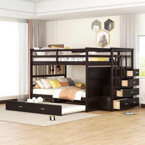Harper & Bright Designs Full Over Full Bunk Bed with Trundle and Stairs, WoodBunk Beds with Storage Drawers and Guardrail for Adults, Espresso