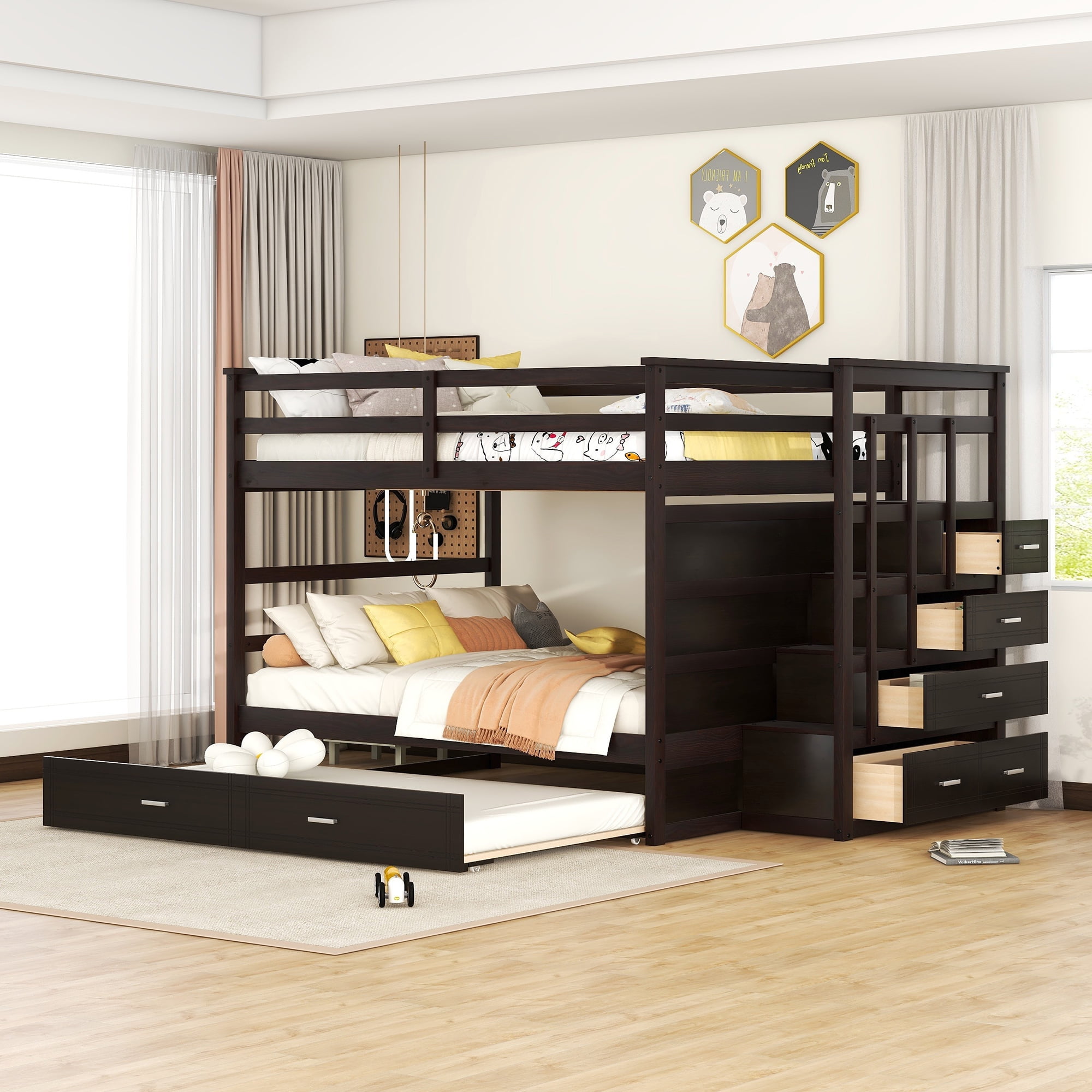 Churanty Full Over Full Bunk Bed with Trundle and Stairs,Wood Kids Bunk