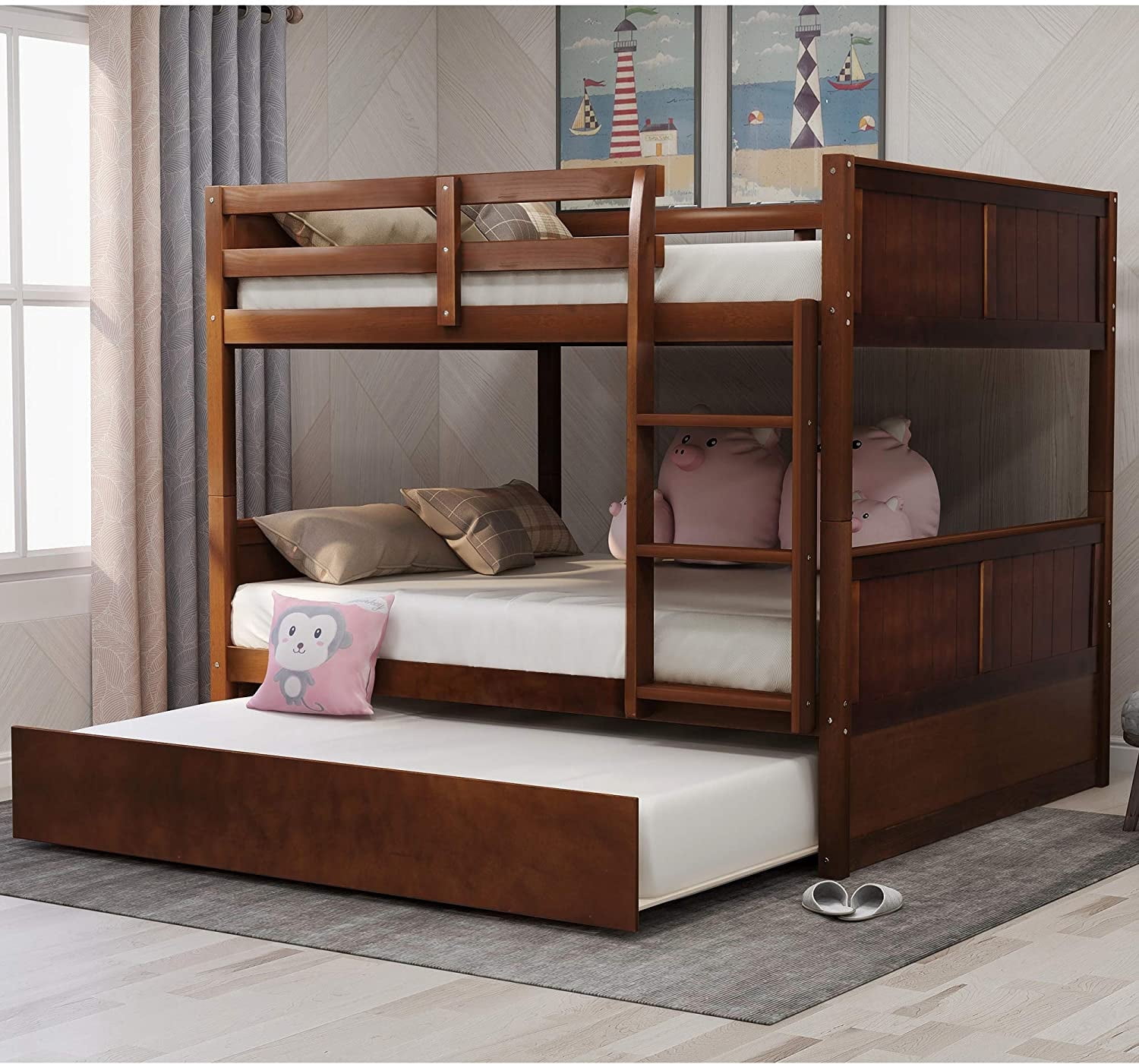 Harper & Bright Designs Full Over Full Bunk Bed with Twin Size Trundle, Walnut
